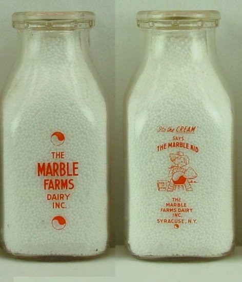 THE MARBLES FARM DAIRY INC, Sayracuse, NY Milk Bottle The Marbles Kid p227read FAQ