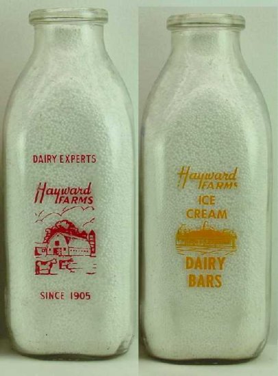 HAYWOOD FARMS, since 1905, 2 color Milk Bottle Pyr Qt Cond E p172read FAQ more