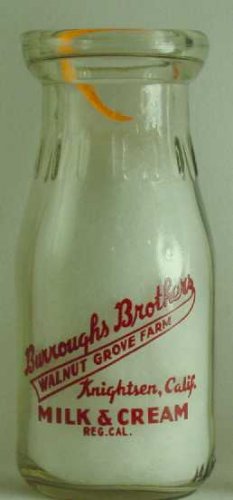 BURROUGH'S BROTHERS, Walnut Grove Farm, Knightsen, CA. Milk Bottle Pyr HP p19 read FAQ more