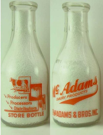 McADAMS DAIRY PRODUCTS, J.F. McAdams & Bros, Inc. PyrET Qt Mint Milk Bottle p140 read FAQ TRPQ