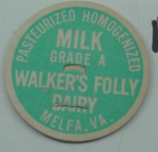 WALKERS FOLLY DAIRY, VA, GRADE A PAST. HOMOG., MILK BOTTLE CAP, Mc18-Quantities available read on