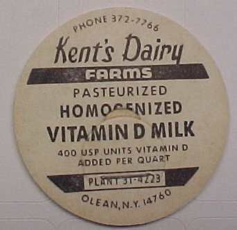 KENTS DAIRY FARMS, OLEAN, NY, VIT. D MILK, MILK BOTTLE CAPS, Mc41-Quantities avail