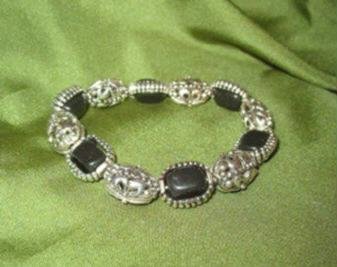 Onyx and Silver Tone Stretch Bracelet