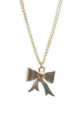 Patriotic Golden Bow with Ruby Red Stone Necklace ~ Estate Find