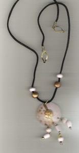 Golden and Pink Large Wooden Disk on Black Corded Necklace 24 inches