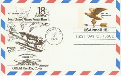 Usps 18 cent Airmail fdi Postcard: Miami Florida 1/4/74 Mint