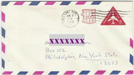Usps 8 cent plus 2 cent Pre stamped 1969 Airmail Envelope Canceled