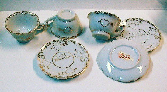 Lot of 3 Sets of Just Married Miniature Cups and Saucers - Gold on White Porcelain