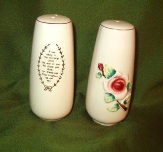 Vtg Religious Prayer Salt / Pepper Shakers Rose Flower Christian Antique Old
