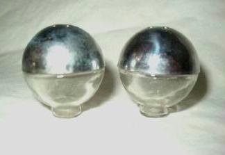Antique Round Glass with Silver Top Salt and Pepper Shaker Set.