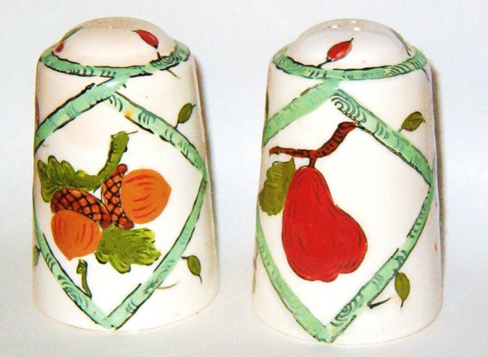 Fruit and Acorn Hand-painted Salt and Pepper Shakers - Japan Label Vintage Green Stamped
