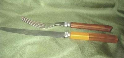 Bakelite Fork and Knife Red and Butterscotch Circa 1930s Exc to Good Cond