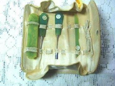 Celluloid Manicure Set marked Douda Czech Includes Leather Pouch - Vintage