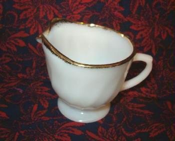 Golden Anniversary Creamer - Fire King Swirl Milk Glass with Gold Trim 1950s Era