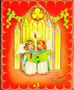 A Christmas Song Card Angels Singing in front of Candle Vintage