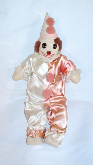 An ORIGINAL Sock Clown in Pink and White Satin w/ Felt Shoes/Hat VINTAGE