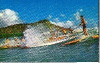 Surfers and Outriggers off Diamond Head Hawaii Post Card 1960s in Color Unused