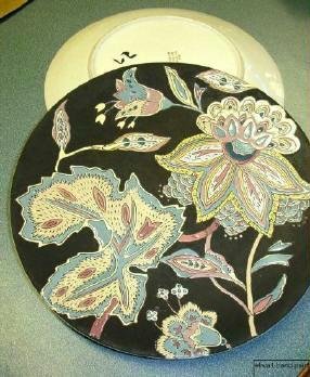2 Lot Asian Influence Decorative Wall Plaques Floral on Black ~ 1960s Retro