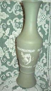 Frosted Green Glass 11 inch Vase Girl in Bonnet Pondering Design 1960's?
