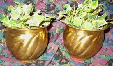 Set of Two Life Like Ivy Plants In Brass Copper Tone Planters