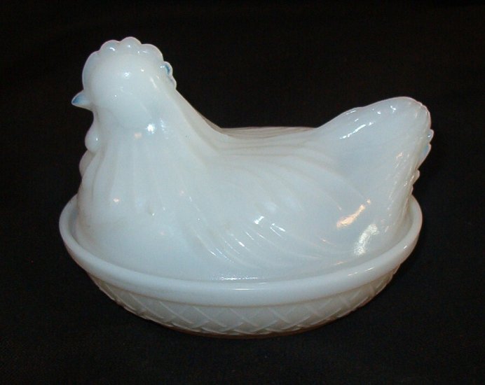 Hen on Nest ~ Opaque White Milk Glass Red Glow - Vintage