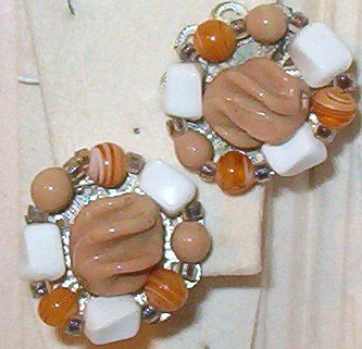 Acrylic AND Bead Clip-On Earrings Taupe Orange and White - Vintage Japan