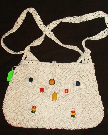 1970s Macrame Handmade Shoulderbag Purse Colorful Beads Hippie