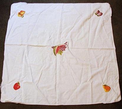 Square Card Table Cloth with Fruit Appliques 32 x 32 circa 1950s