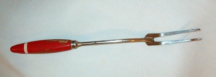 A & J USA Meat Fork Red White Wooden Handle 12 3/4 inches