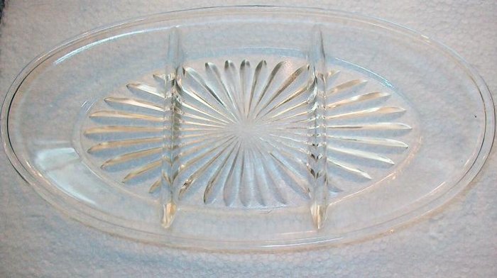 Relish Tray w Deep Ray Pattern Underside Oval Divided Glass Vintage