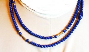 36 Inch Navy Necklace with Golden Spiral Spacers Vintage