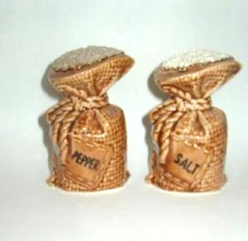Lego Salt Pepper Shakers Burlap Sack Design - Labels Included ~ Vintage