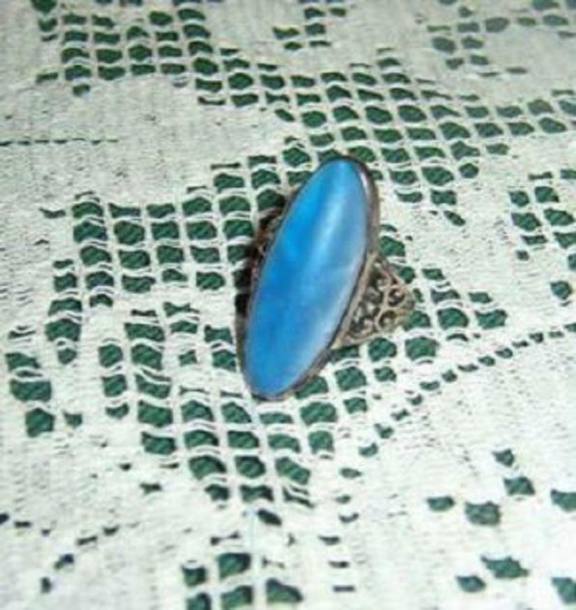 Victorian Sterling and Glass Ring Antique Faux Star Sapphire Size 4.5