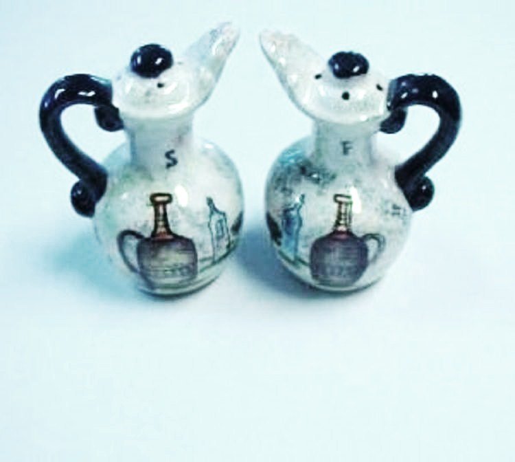 Oil and Vinegar Cruet Salt and Pepper Shakers Vintage Numbered and Hand Painted