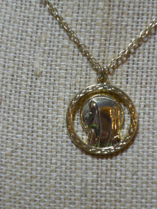 Catholic Gold Tone Metal Holy Mary Apparition Charm and Necklace - Vintage