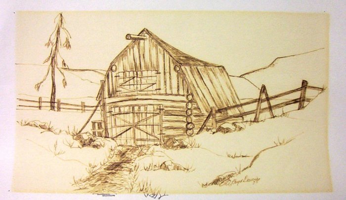 W.A. Lloyd Davies (1975) Log Barn Charcoal/Wash (Original)