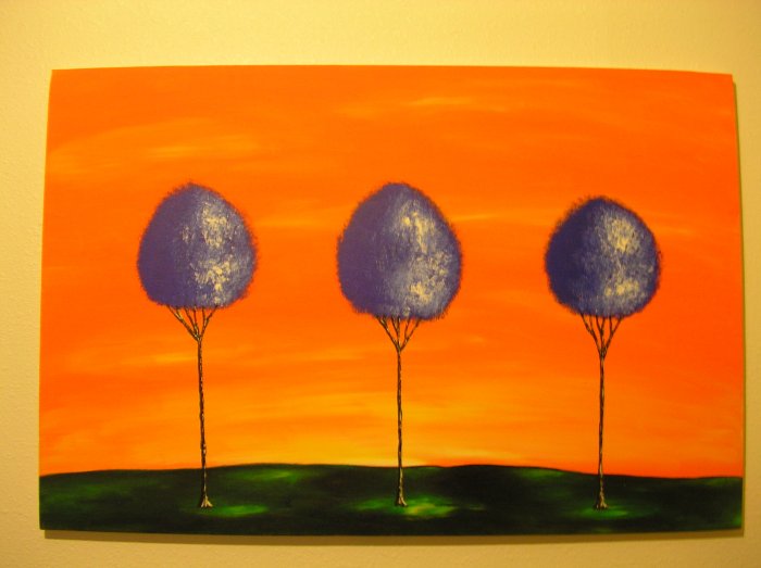 Duane Cash Acrylic Painting 24 x 36 - Original Blue Trees Orange Sky Art