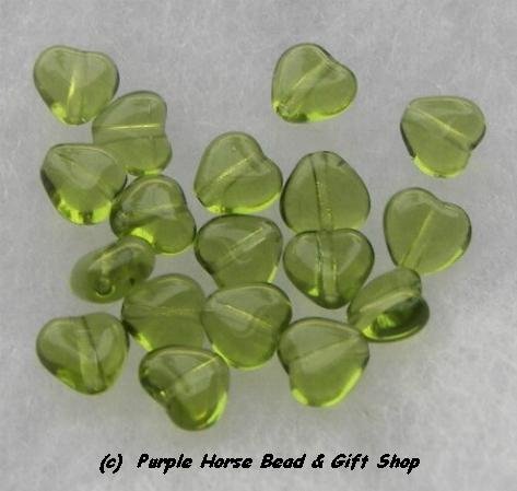 Czech Glass 10mm Olivine Lt Green Puff Heart Beads (30)