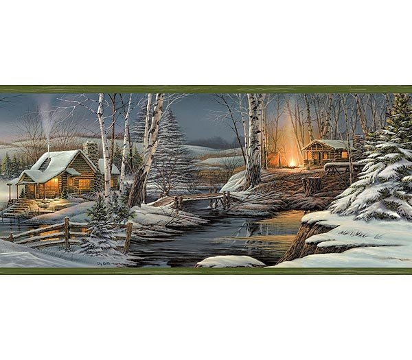 Green Winter Snow Evening Lodge Wallpaper Wall Border