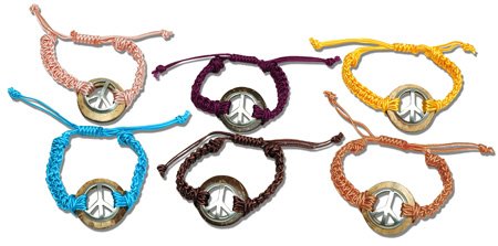 Linen Bracelet Wood Metal Peace Sign Adjustable Hippie Jewelry