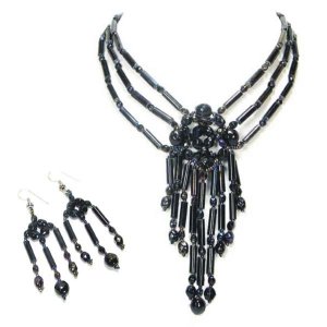 Black Glasstube Beaded Victorian Lariat Necklace & Earrings Set