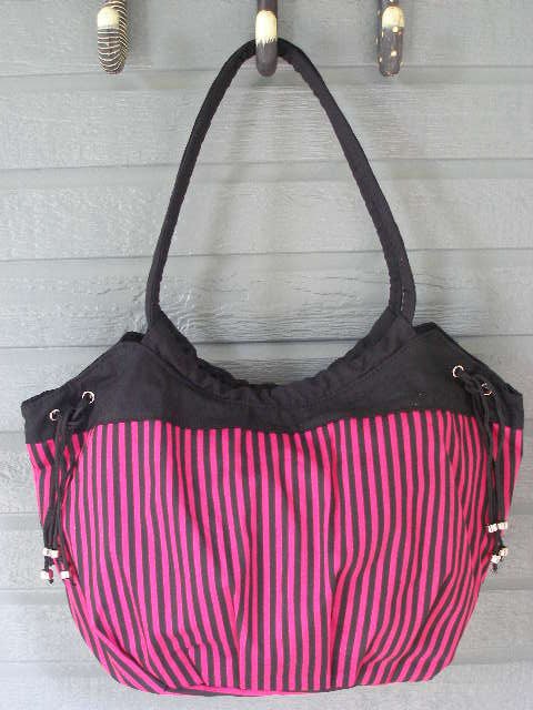 Large Cotton Tote Hobo Bag Fuchsia & Black Stripes by All Jazzed Up