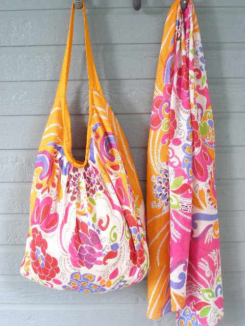Colorful Orange Print Hobo Bag & Scarf Set Cotton Zip Close Tote