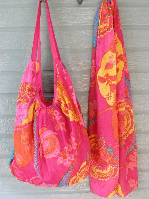 Colorful Cherry Print Hobo Bag & Scarf Set Cotton Zip Close Tote