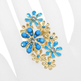 Turquoise Flower Stretch Ring Gold Plated Clear Rhinestones