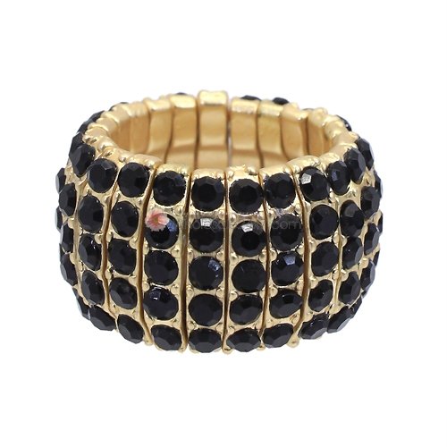 Ring Black Rhinestones Stretch Style Gold Plated Adjustable