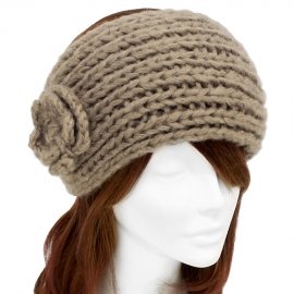 Beige Headband Wide Hand Knitted w/ Flower Soft Acrylic Hair Wrap
