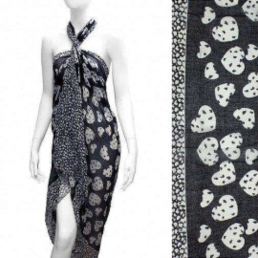 Pareo Sarong Beach Wrap Cover-Up Black Hearts & Leopard Design