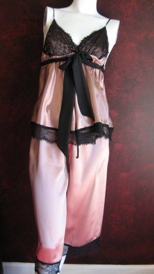 Wendy Glez silk frappuciano and blacl lace pajama set