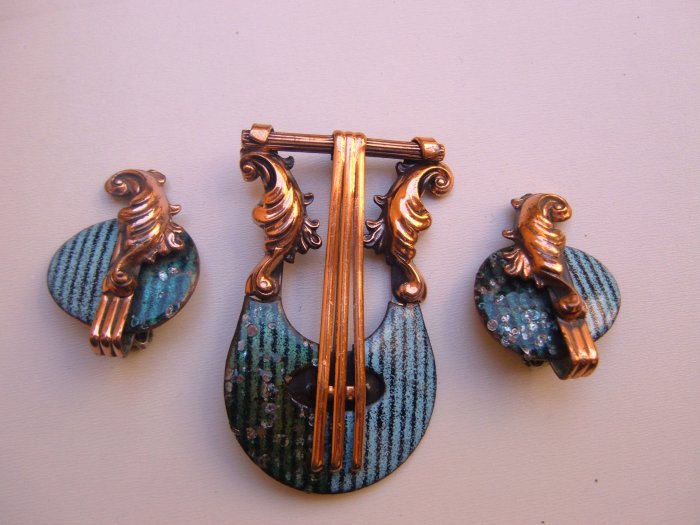 Lyre Matisse Renoir Copper Enamel Brooch Earrings Set